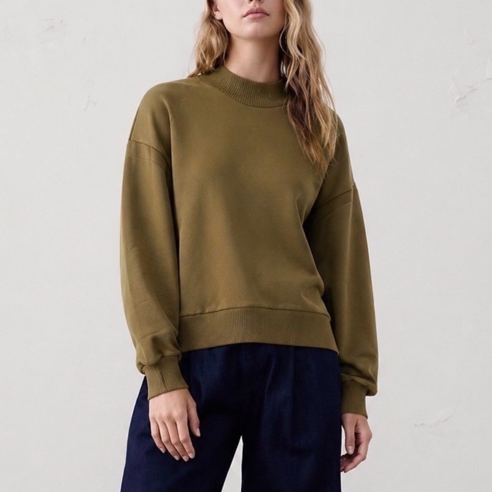 Zara Olive Green Sweater Cotton Blend Collared Sweatshirt